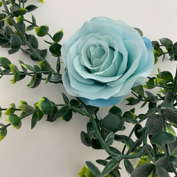 Custom Made 6 Ft Boxwood Garland with Roses Blush Dusty Rose Light Blue Royal - Picture 5 of 6